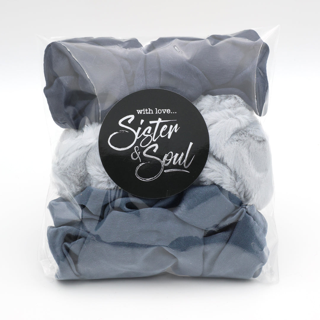 blue scrunchies with a 'Sister of Soul' label on a white background