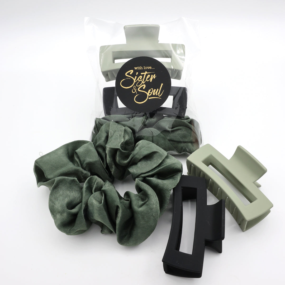 Set of green scrunchies and hair clips with 'Sister & Soul' branding on a white background
