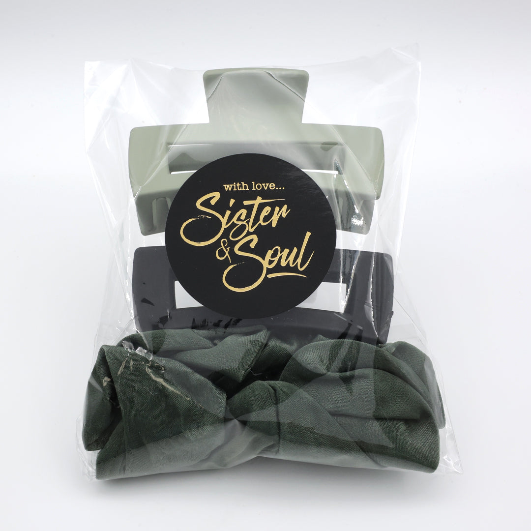 Packaged hair accessories with 'Sister & Soul' label on a white background