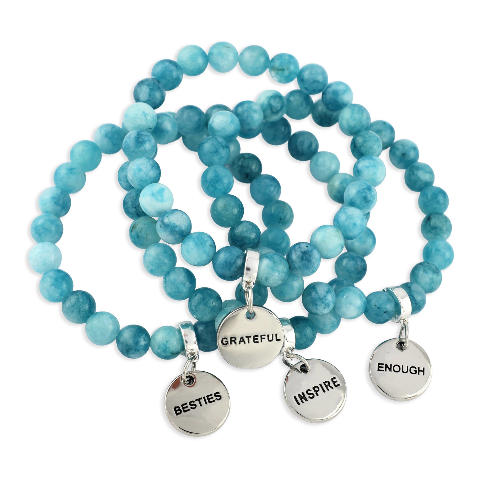 teal coloured stone beads with silver word charms on white background
