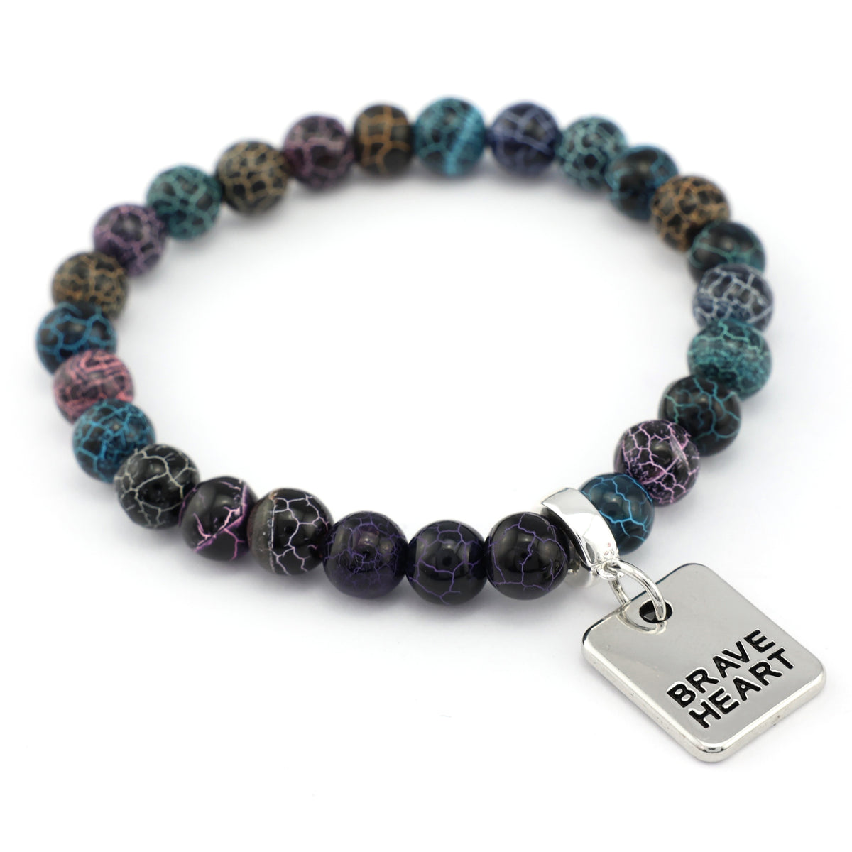 Multicolored beaded bracelet with a 'Brave Heart' charm on a white background