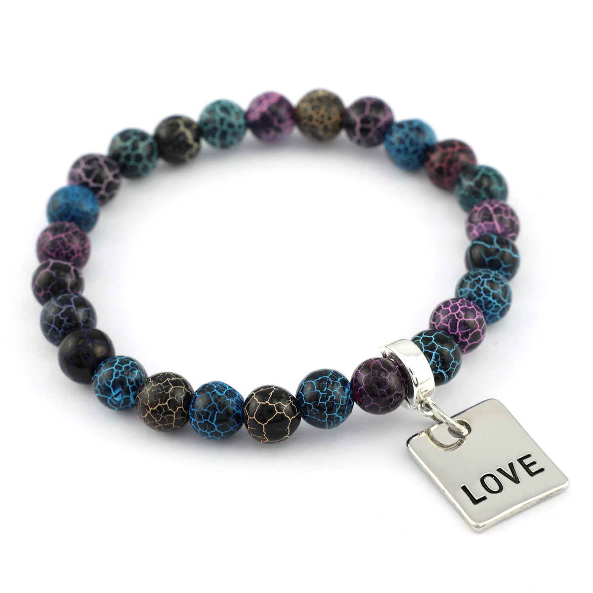 Multicolored beaded bracelet with a 'LOVE' charm on a white background
