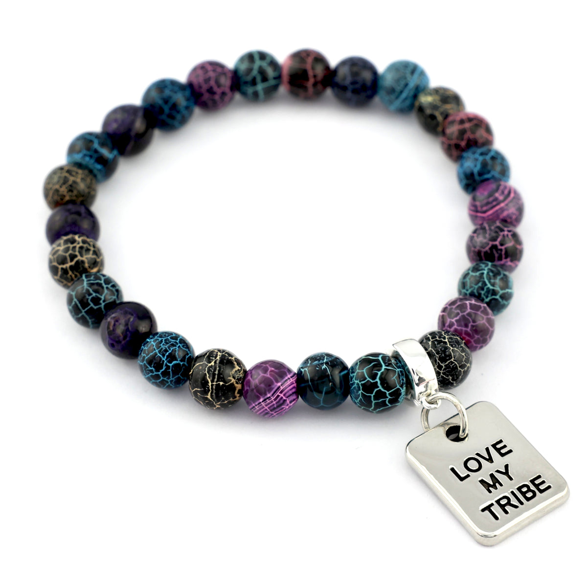 Multicolored beaded bracelet with 'Love My Tribe' charm on a white background