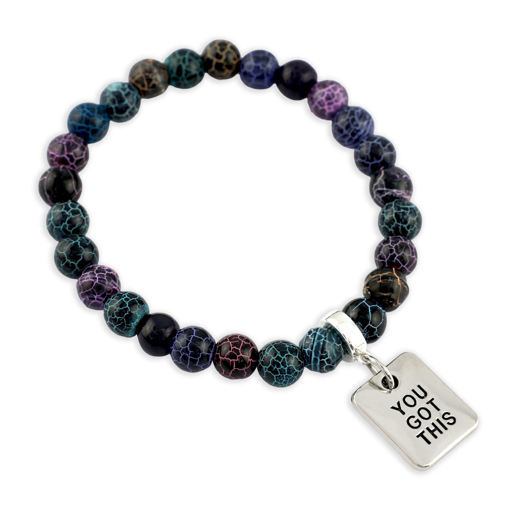 Set of beaded bracelets with motivational pendants on a white background