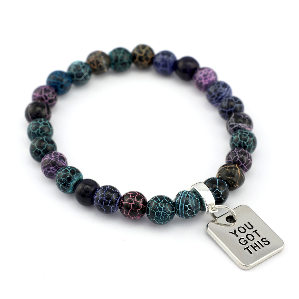 Multicolored beaded bracelet with a 'You Got This' tag on a white background