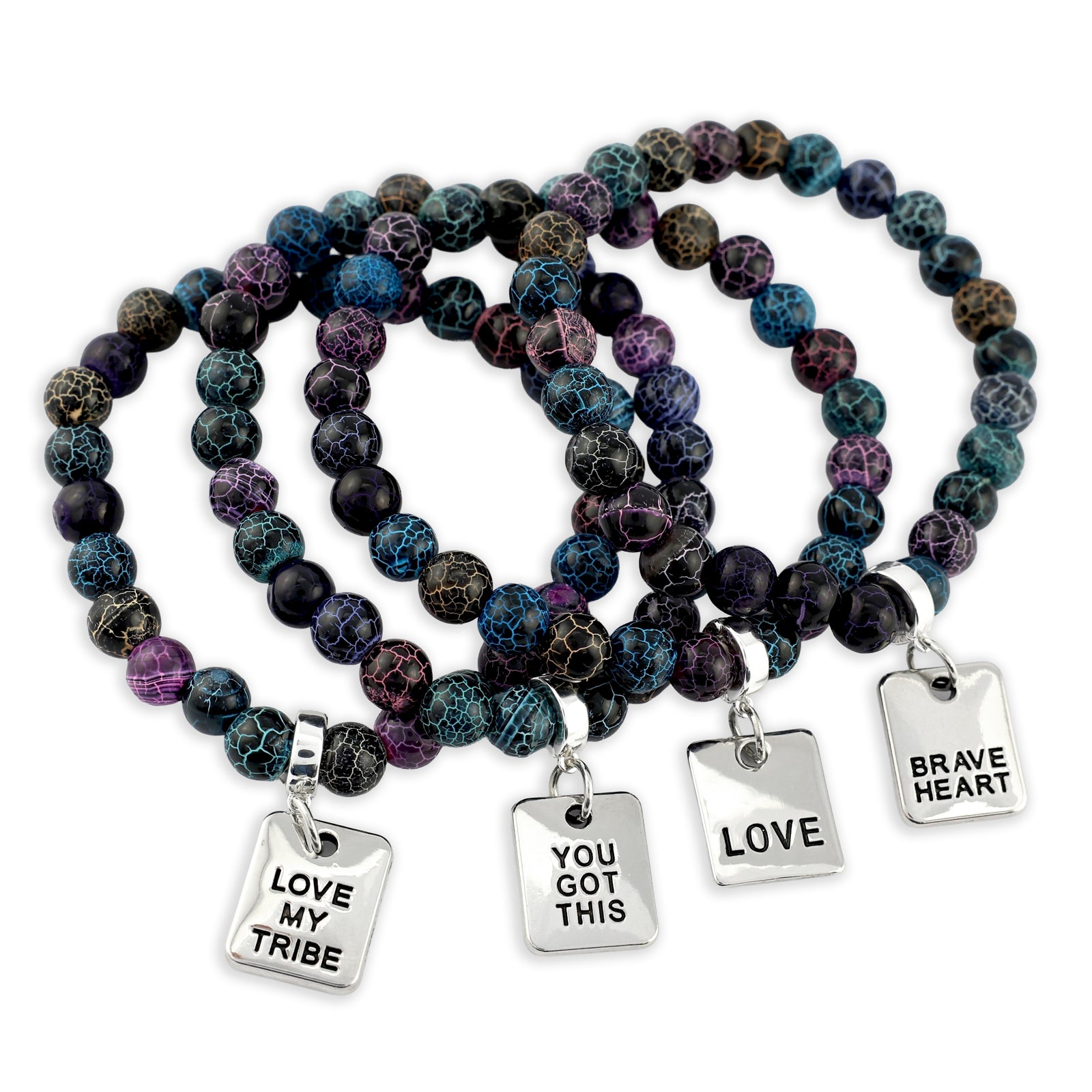 Set of beaded bracelets with motivational pendants on a white background