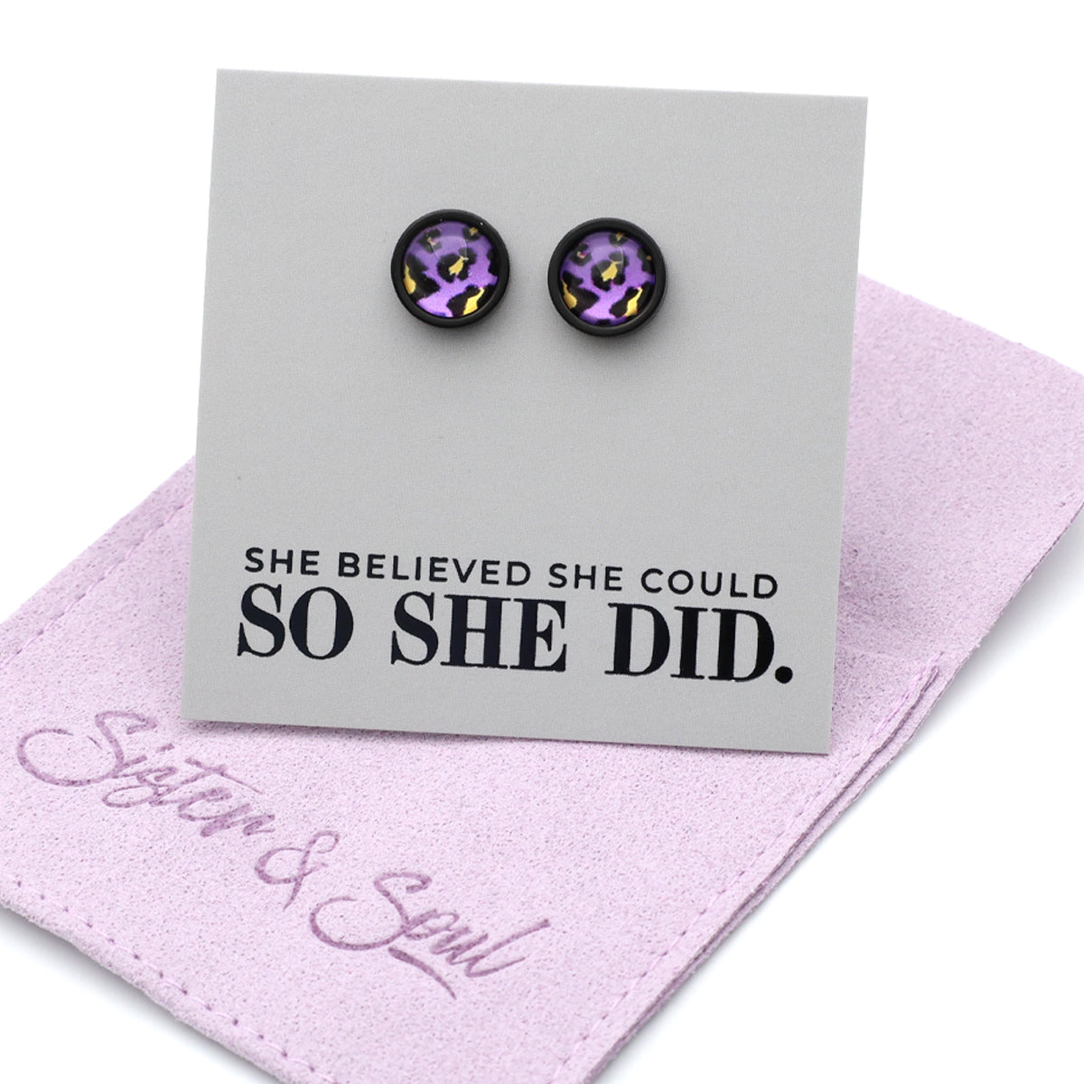 She Believed She Could So She Did - Black Stainless Steel 8mm Circle Studs - Purple Print Leopard (11322)