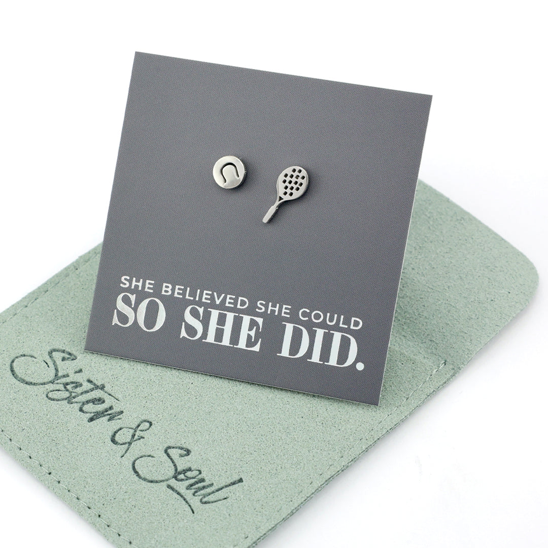 Stainless Steel Earring Studs - She Believed She Could So She Did - TENNIS ANYONE?