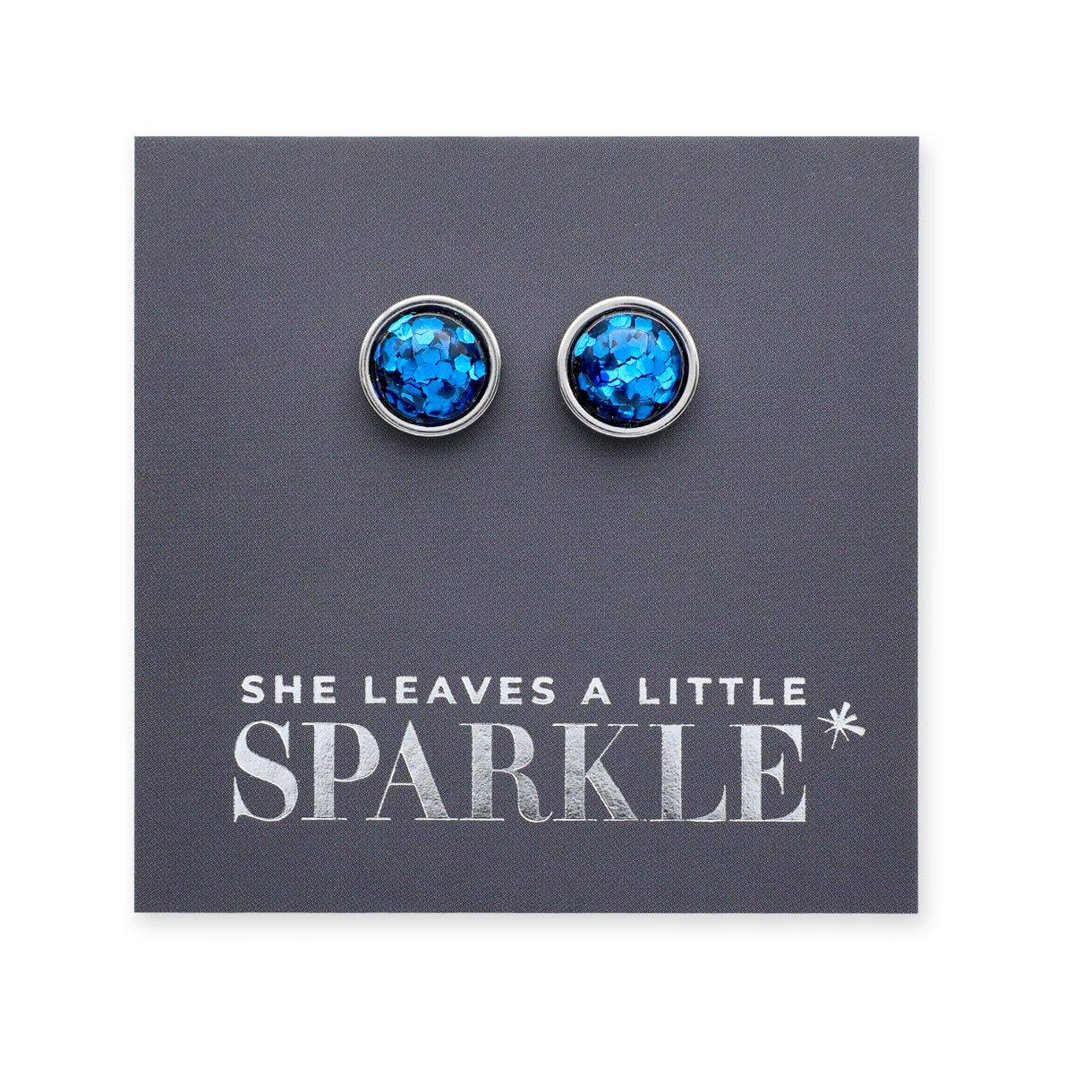 She Leaves A Little Sparkle - Silver Stainless Steel 8mm Circle Studs - Cobalt Blue Glitter (11562)