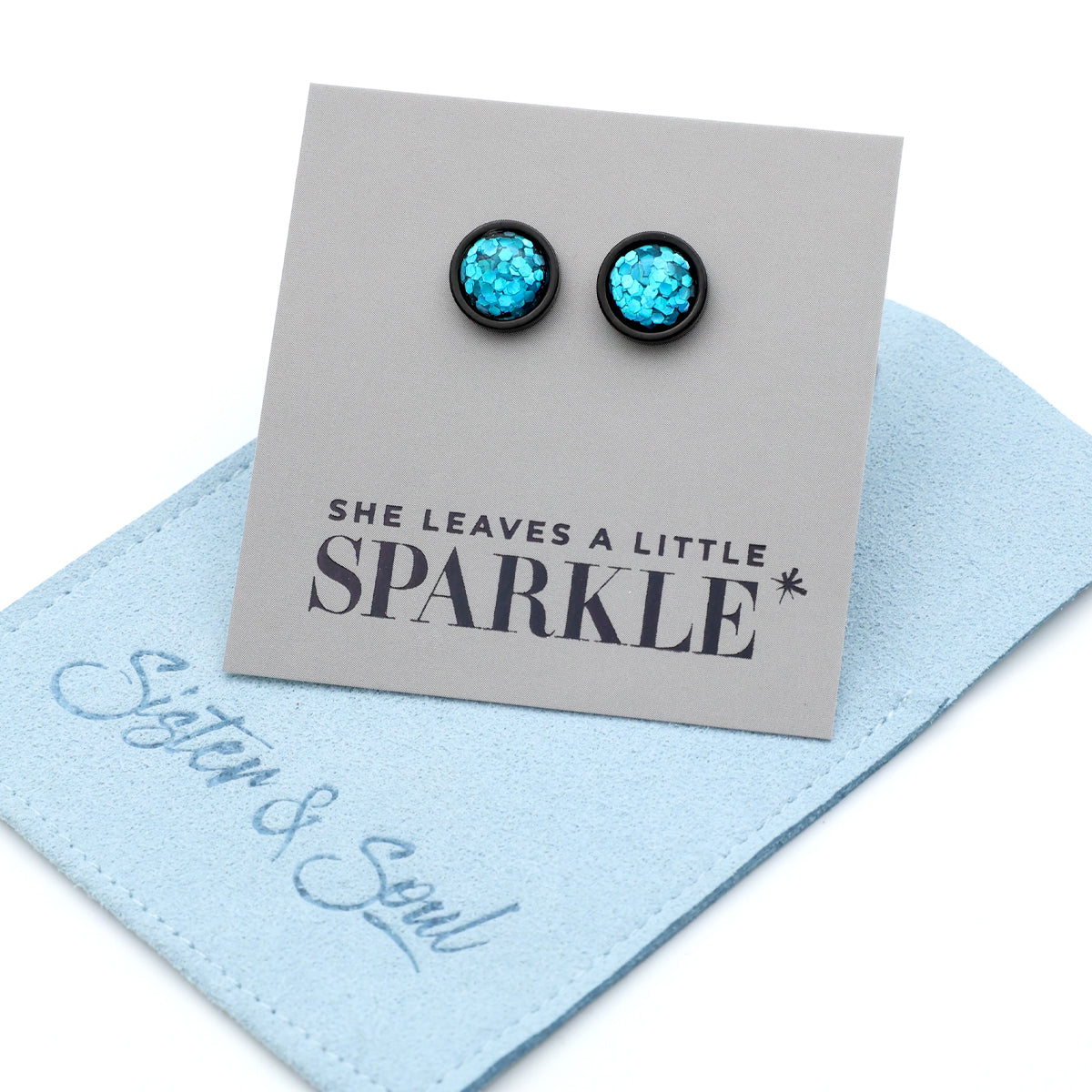 She Leaves A Little Sparkle - Black Stainless Steel 8mm Circle Studs - Aqua Blue Glitter (11461)