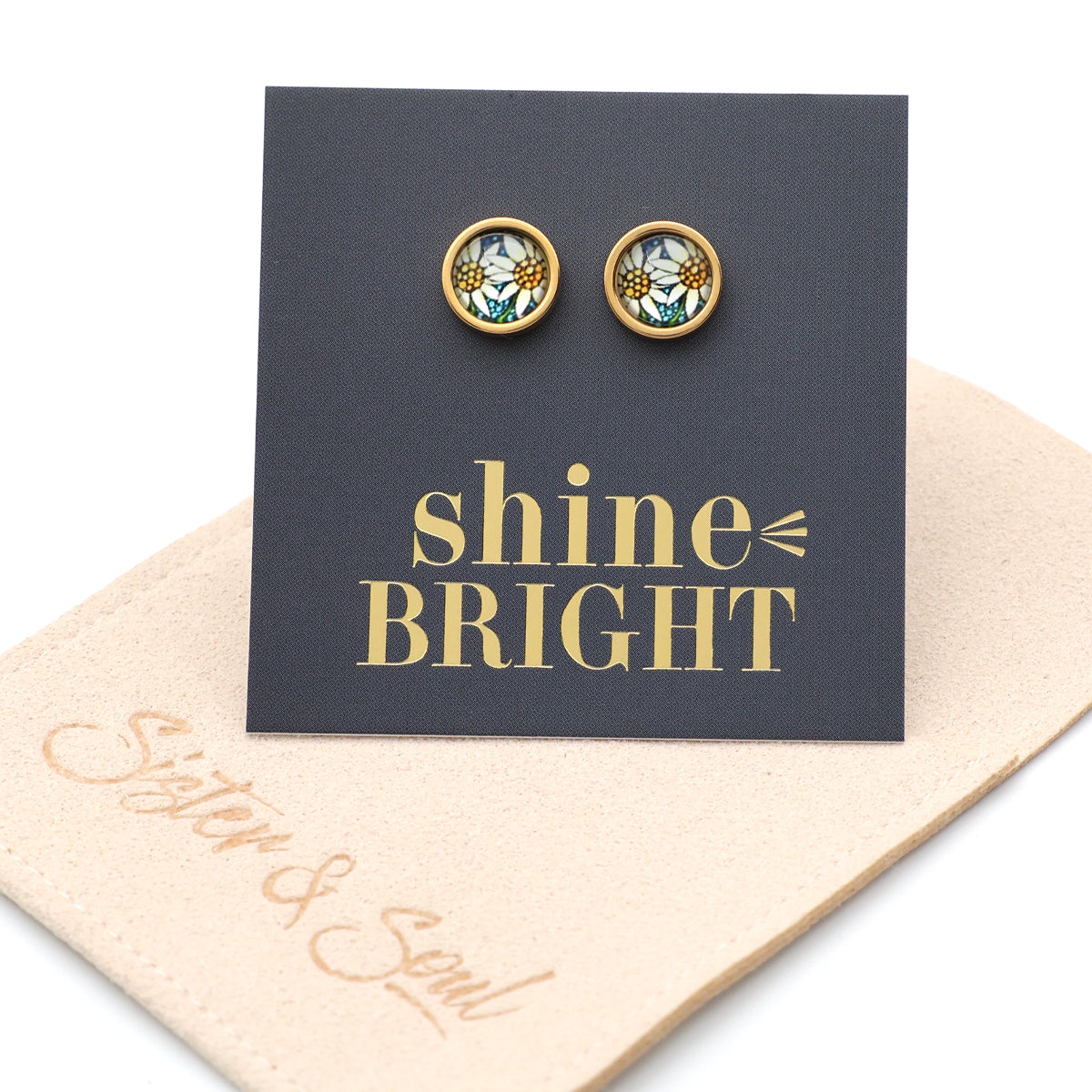 Shine Bright - Gold Stainless Steel 8mm Circle Studs - Happy Blooms (10562)