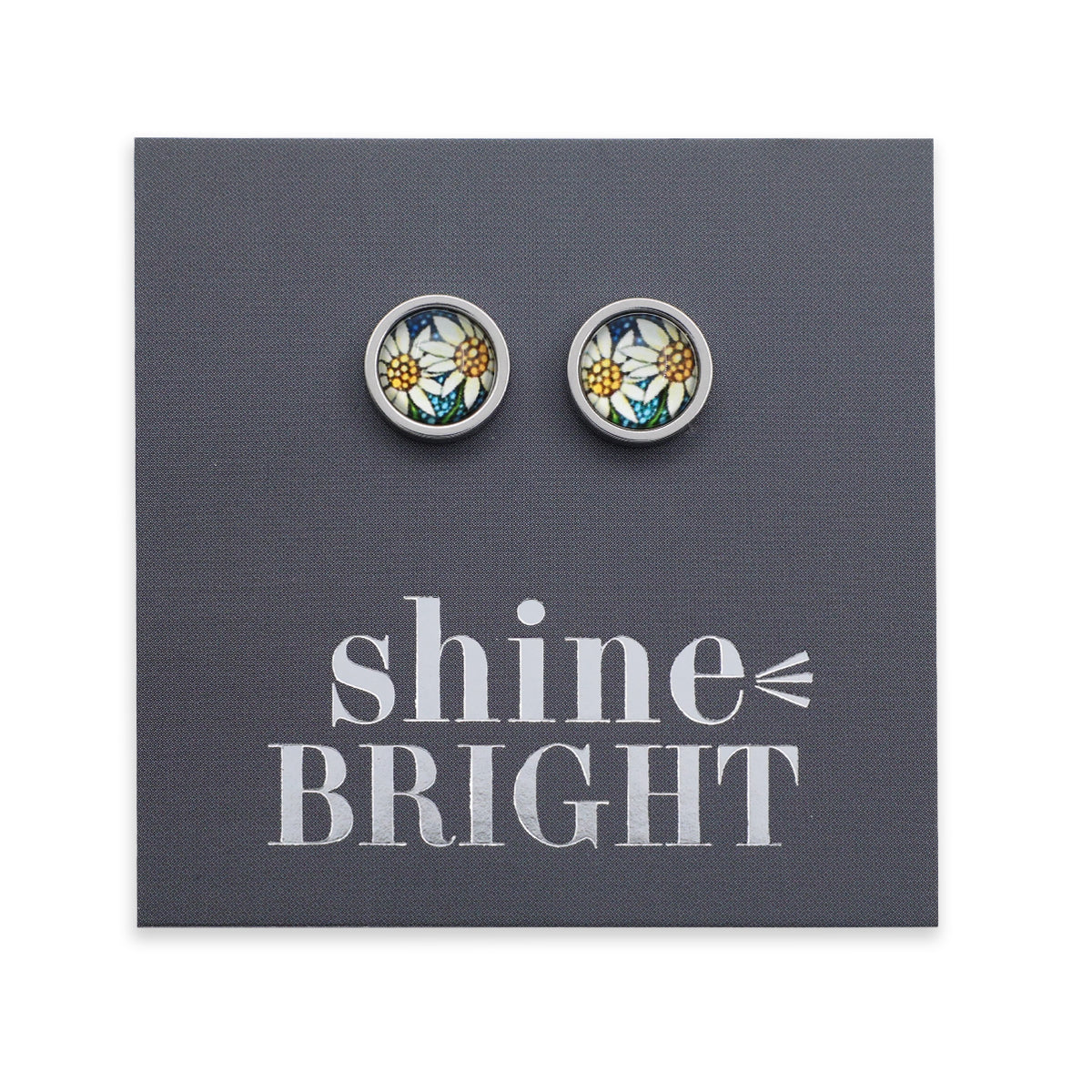 Pair of floral stud earrings on a gray card with 'shine bright' text