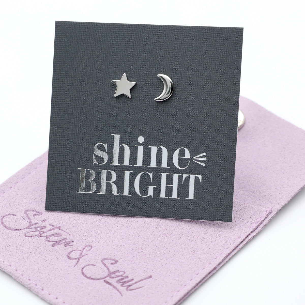 Star and moon earrings on a 'shine BRIGHT' card with a pink mat