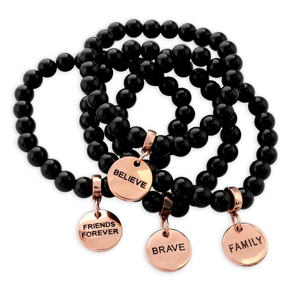 Black beaded bracelet with rose gold charm pendants on a white background