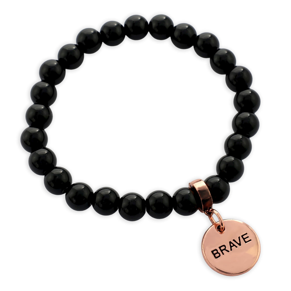 Black beaded bracelet with a rose gold 'BRAVE' charm on a white background