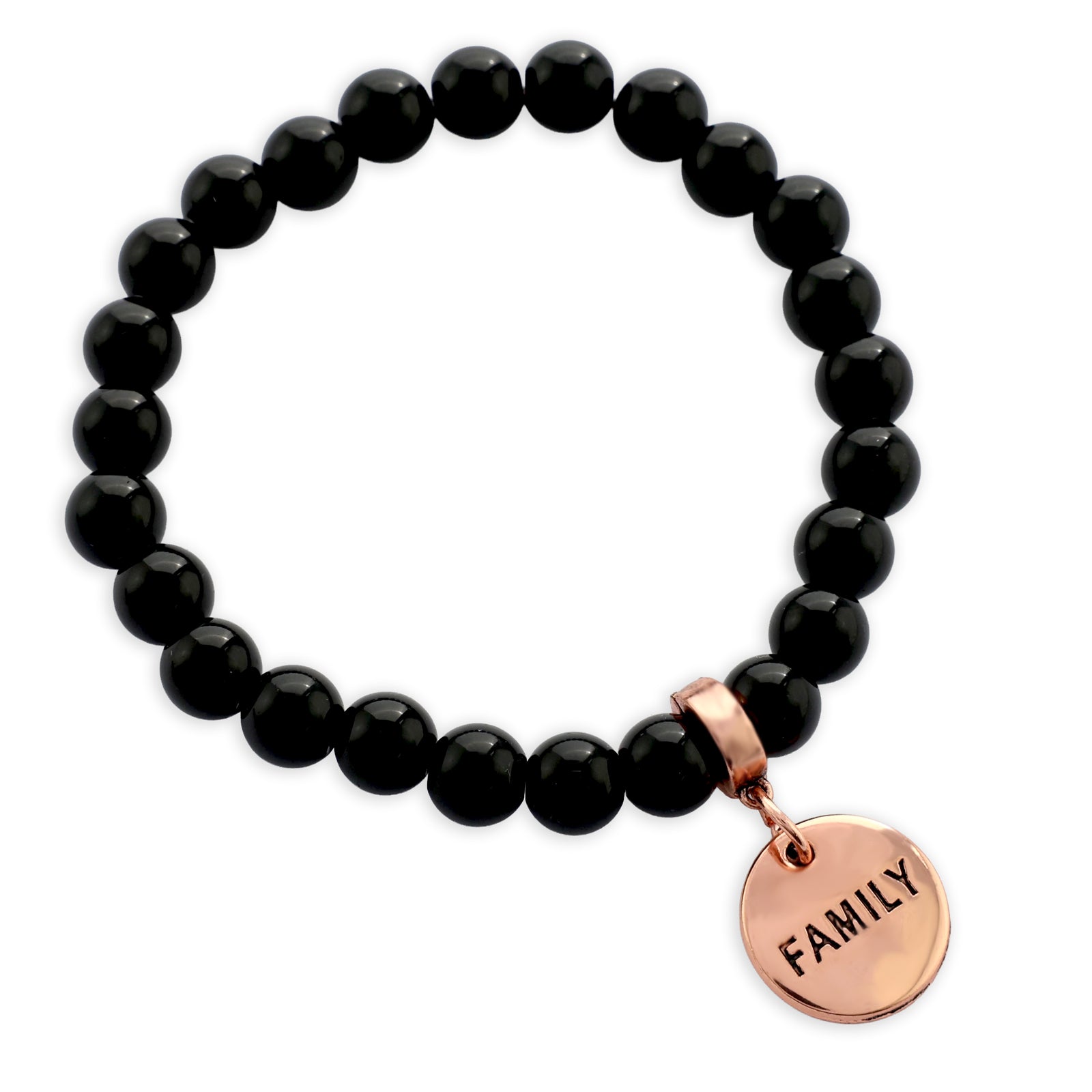 Black beaded bracelet with rose gold charm pendants on a white background
