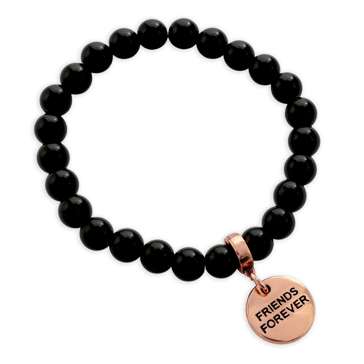 Black beaded bracelet with a rose gold 'Friends Forever' charm on a white background