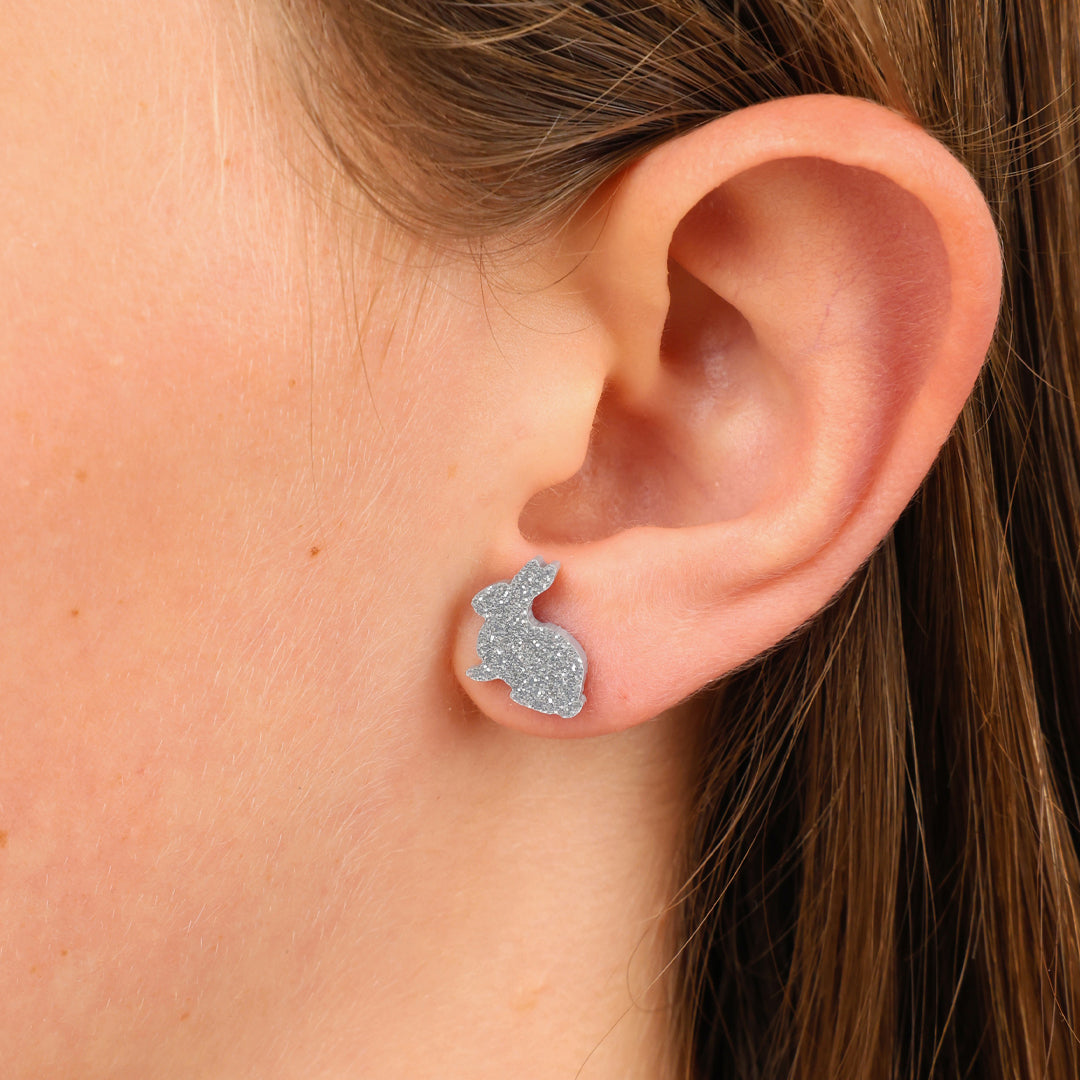 silver bunny stud ingirls ear