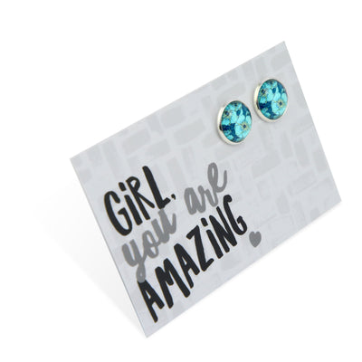 TEAL COLLECTION - Girl You Are Amazing - Bright Silver surround circle studs - Sky Bloom Bright (2313-R)