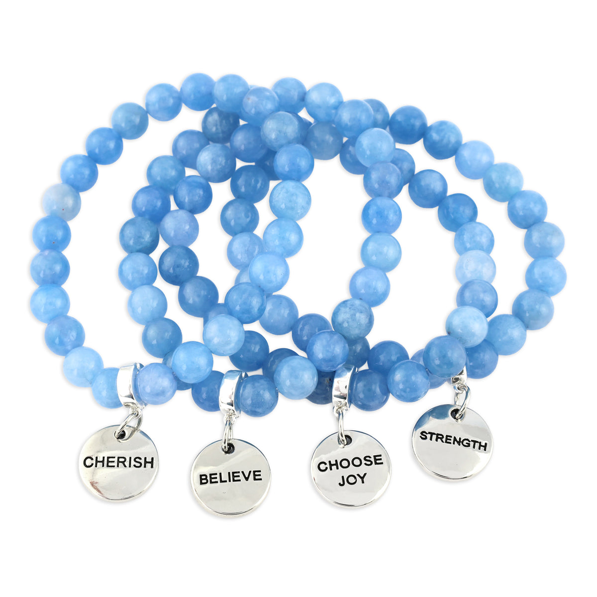 Set of blue beaded bracelets with inspirational charms on a white background