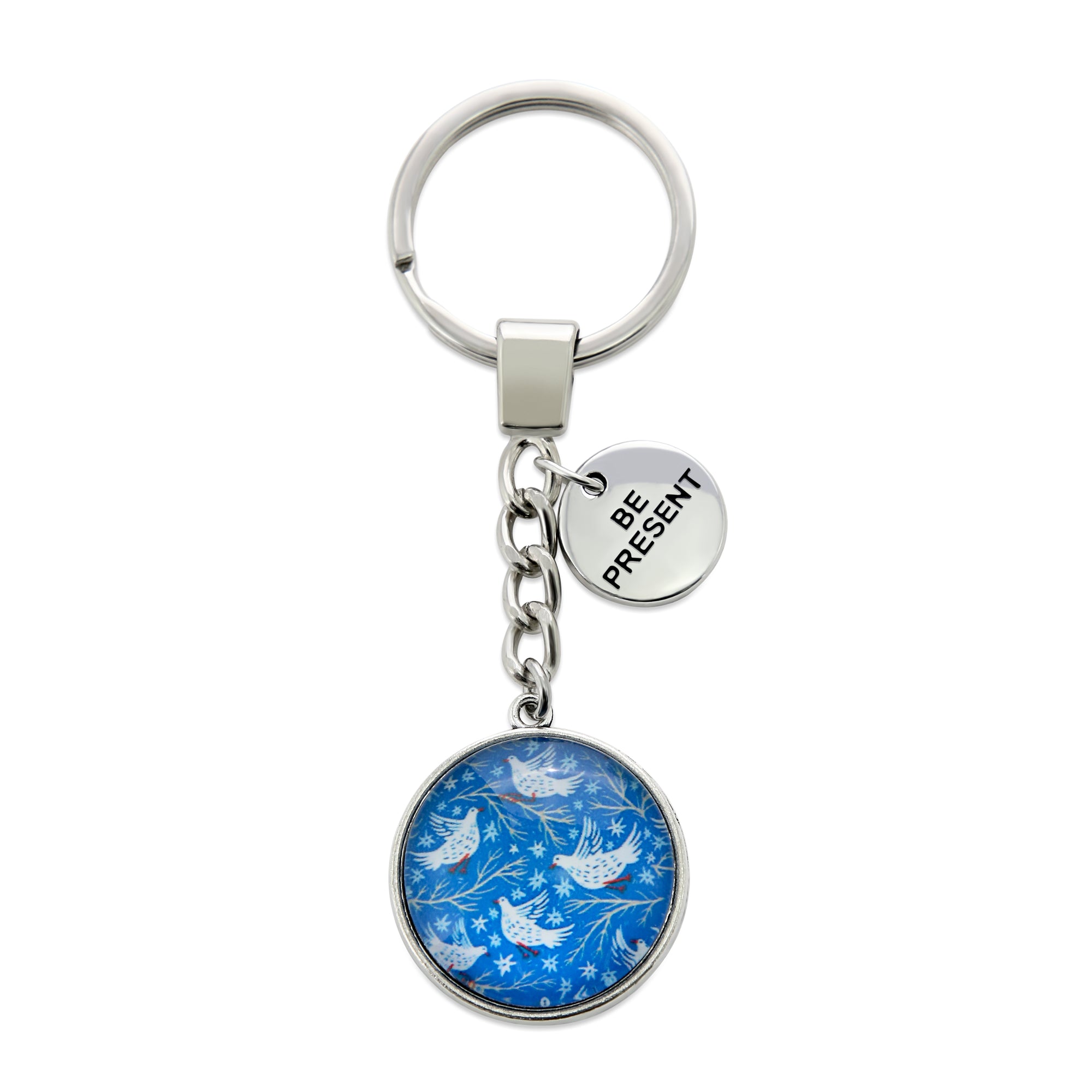 Blue Collection - Vintage Silver 'BE PRESENT' Keyring - Snow Bird (10651)