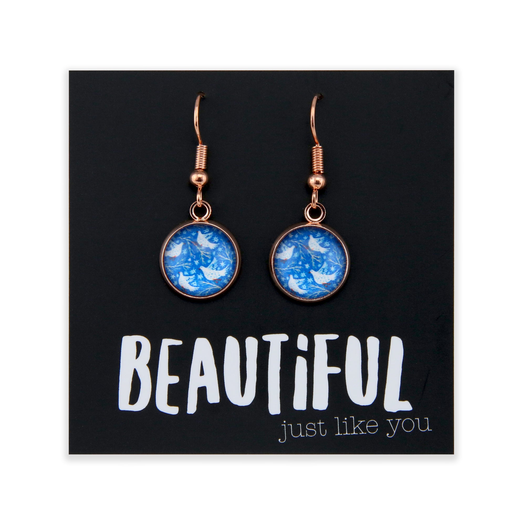 Blue Collection - Beautiful - Rose Gold Dangle Earrings - Snow Birds (9414-R)