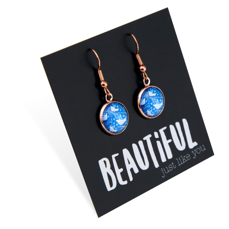 Blue Collection - Beautiful - Rose Gold Dangle Earrings - Snow Birds (9414-R)