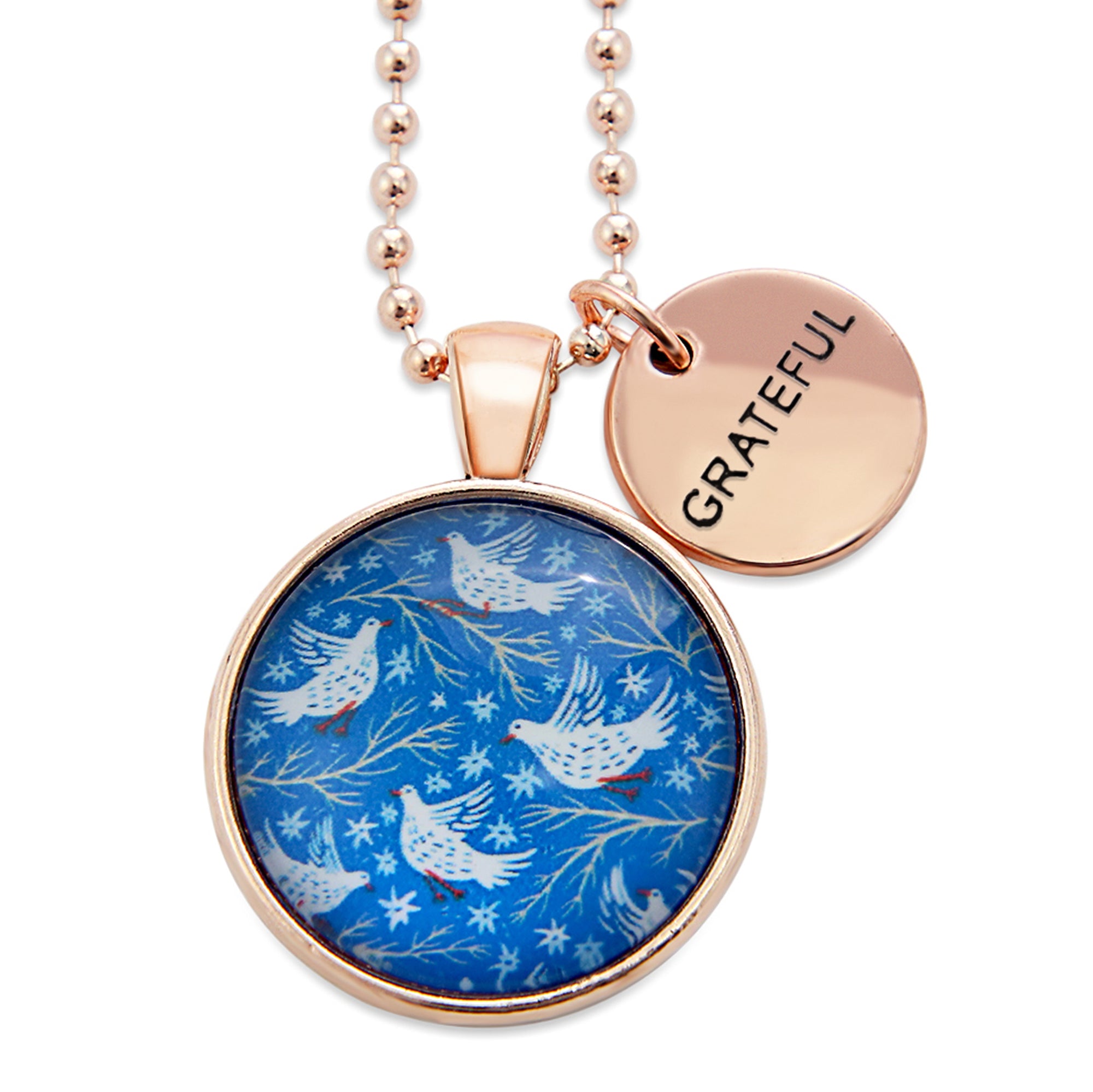 Blue Collection - Rose Gold 'GRATEFUL' Necklace - Snow Birds (10315)