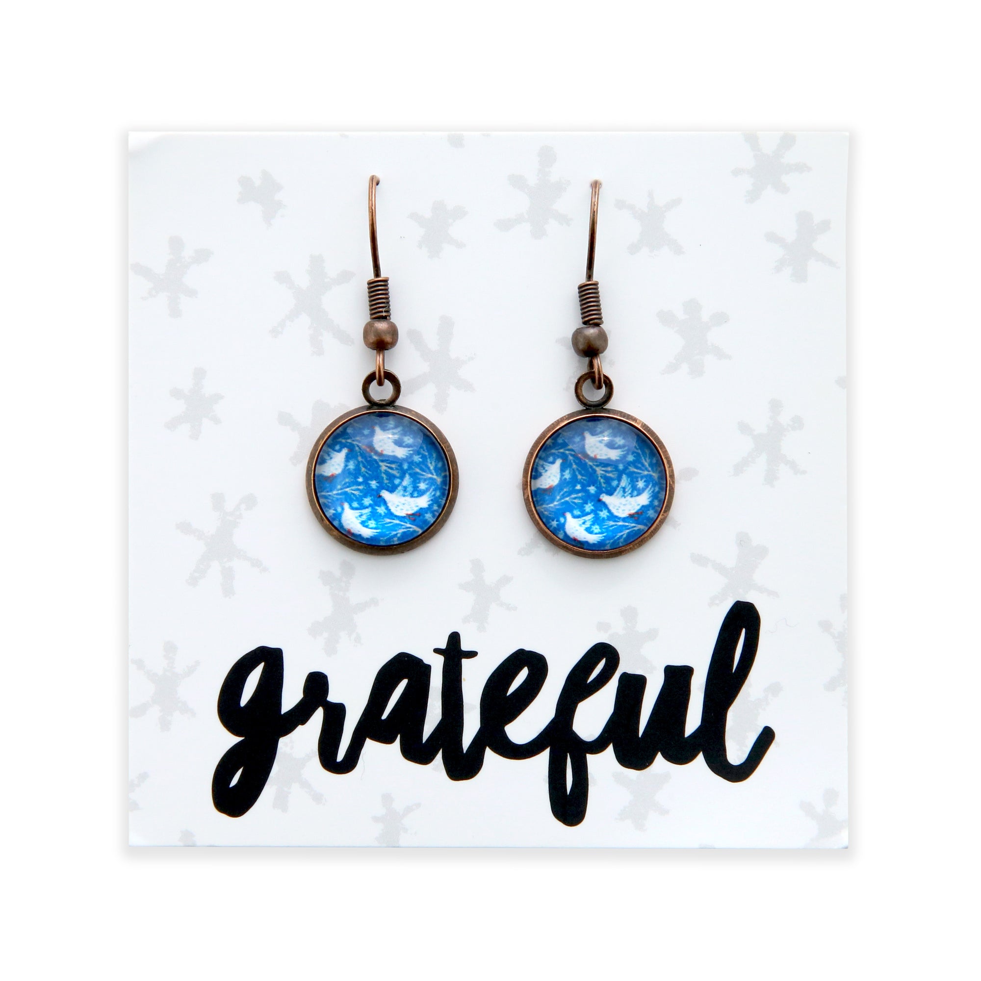 Blue Collection - Grateful - Vintage Copper Dangle Earrings - Snow Birds (9405-F)