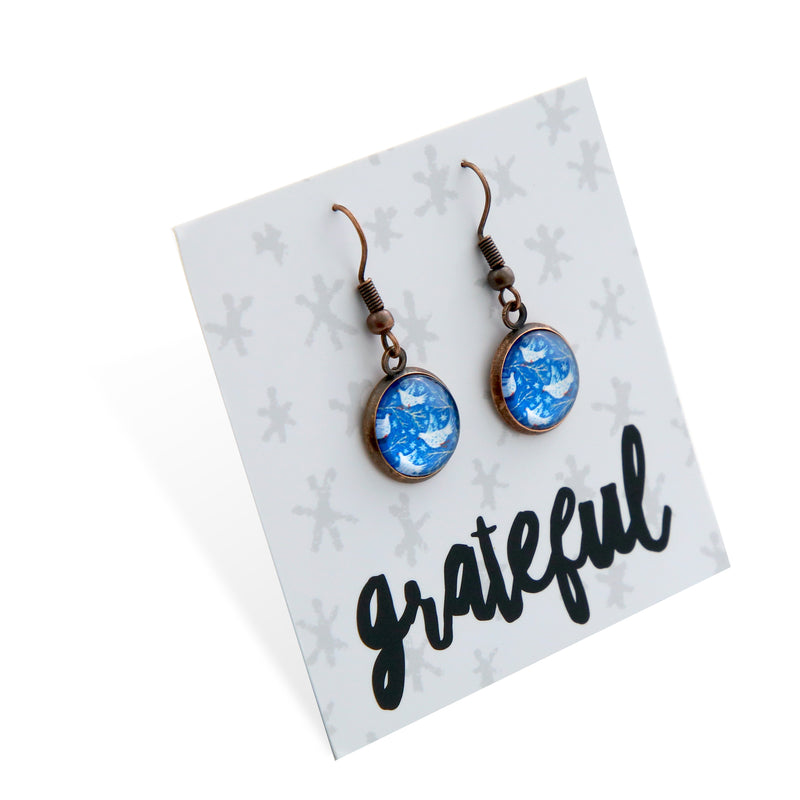 Blue Collection - Grateful - Vintage Copper Dangle Earrings - Snow Birds (9405-F)