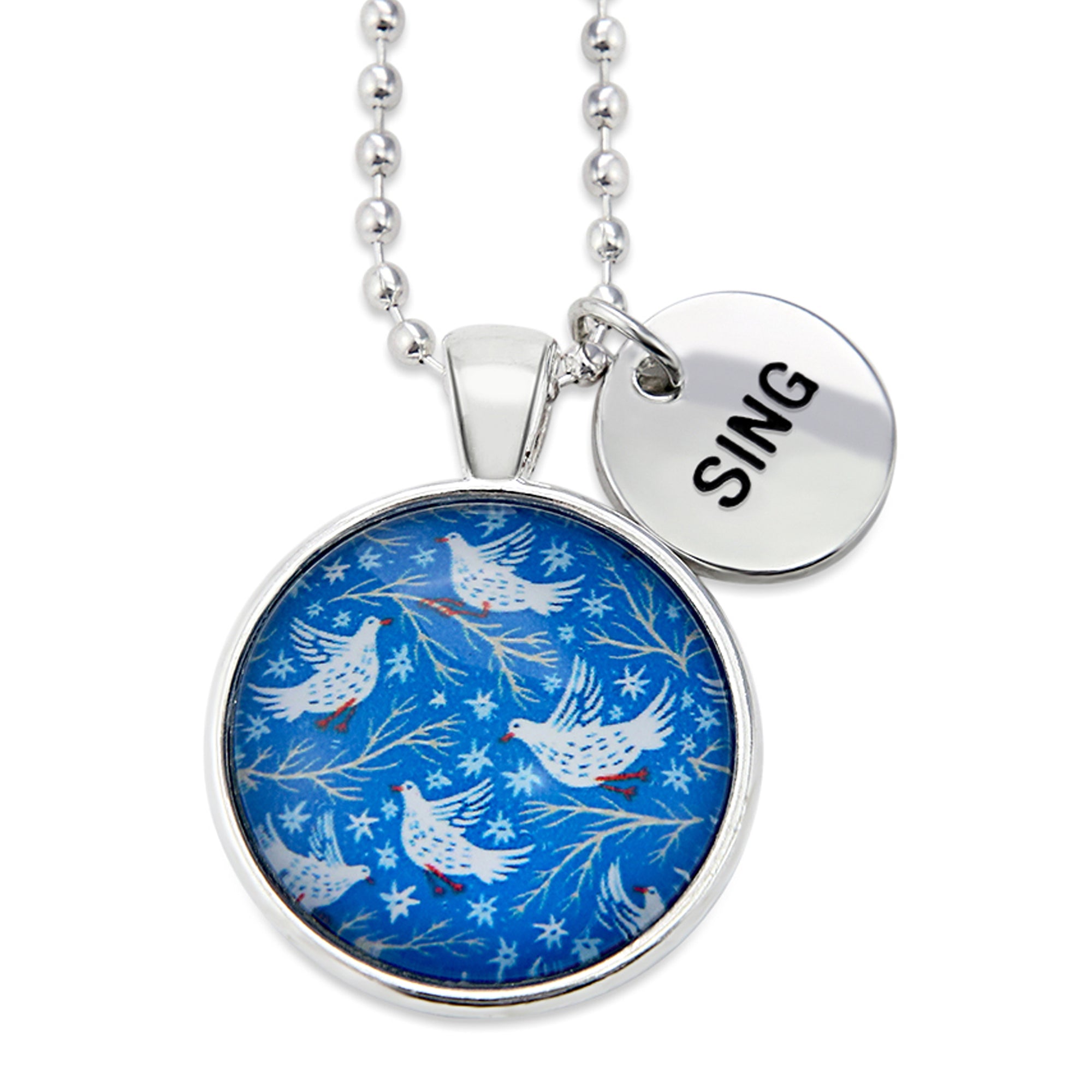 Blue Collection - Bright Silver 'SING' Necklace - Snow Birds (10263)