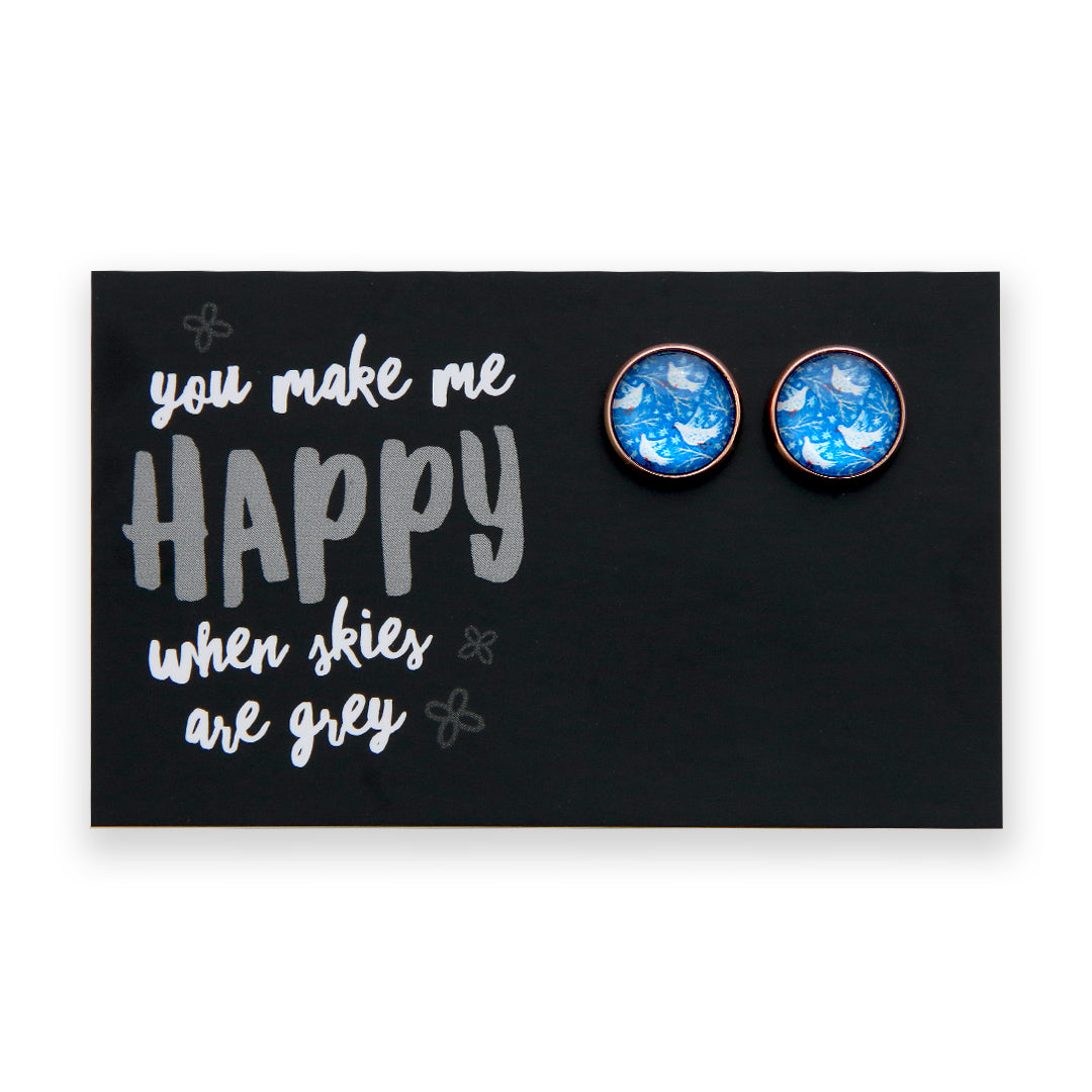 Blue Collection - You Make Me Happy When Skies Are Grey - Rose Gold 12mm Circle Studs - Snow Birds (9712-R)