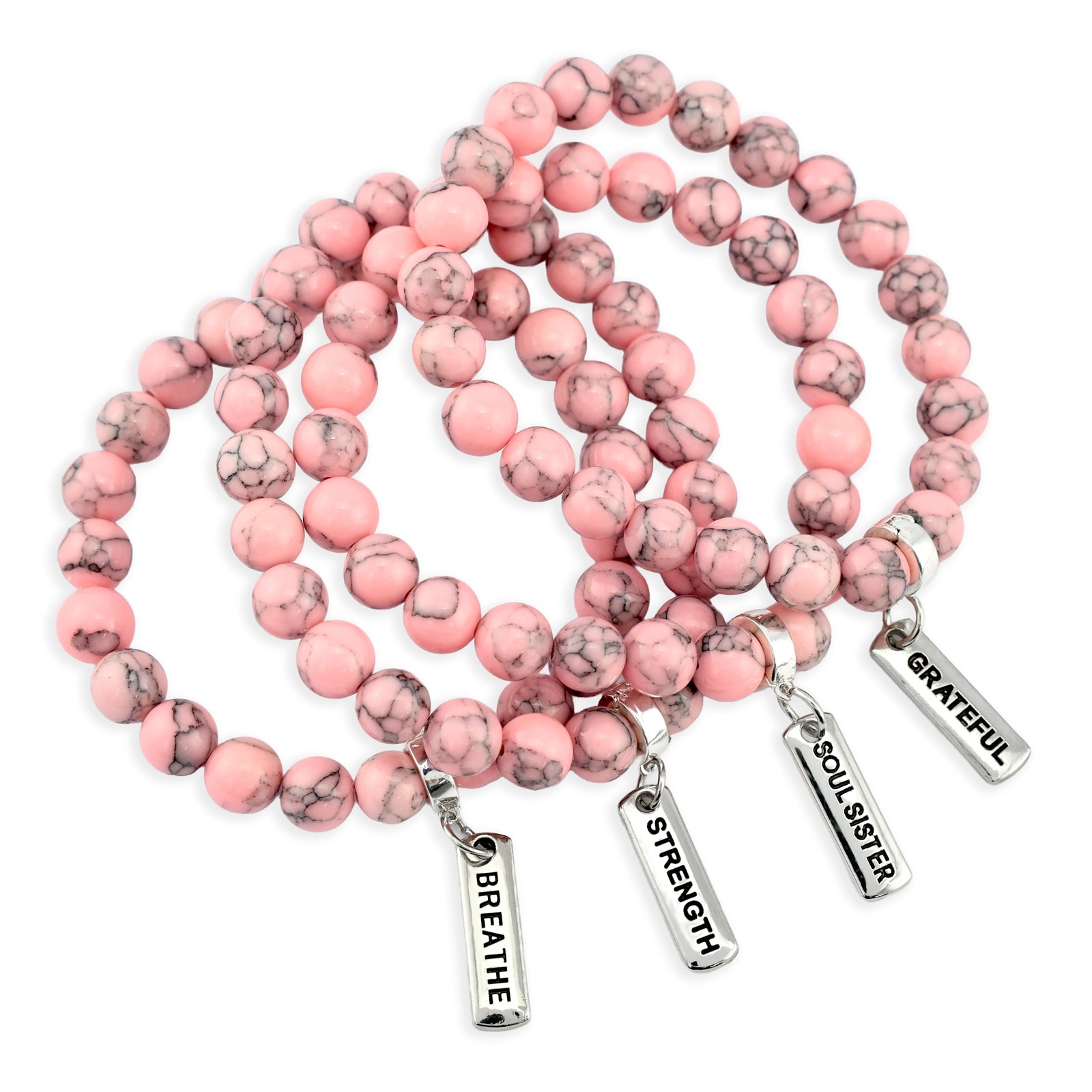 Stone Bracelet - Soft Pink Marbled 8mm Beads - with Silver Word Charm