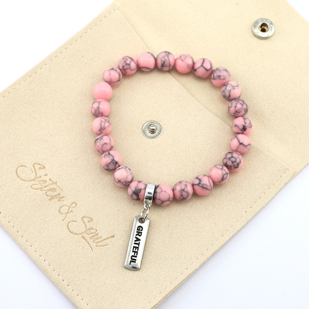 Stone Bracelet - Soft Pink Marbled 8mm Beads - with Silver Word Charm