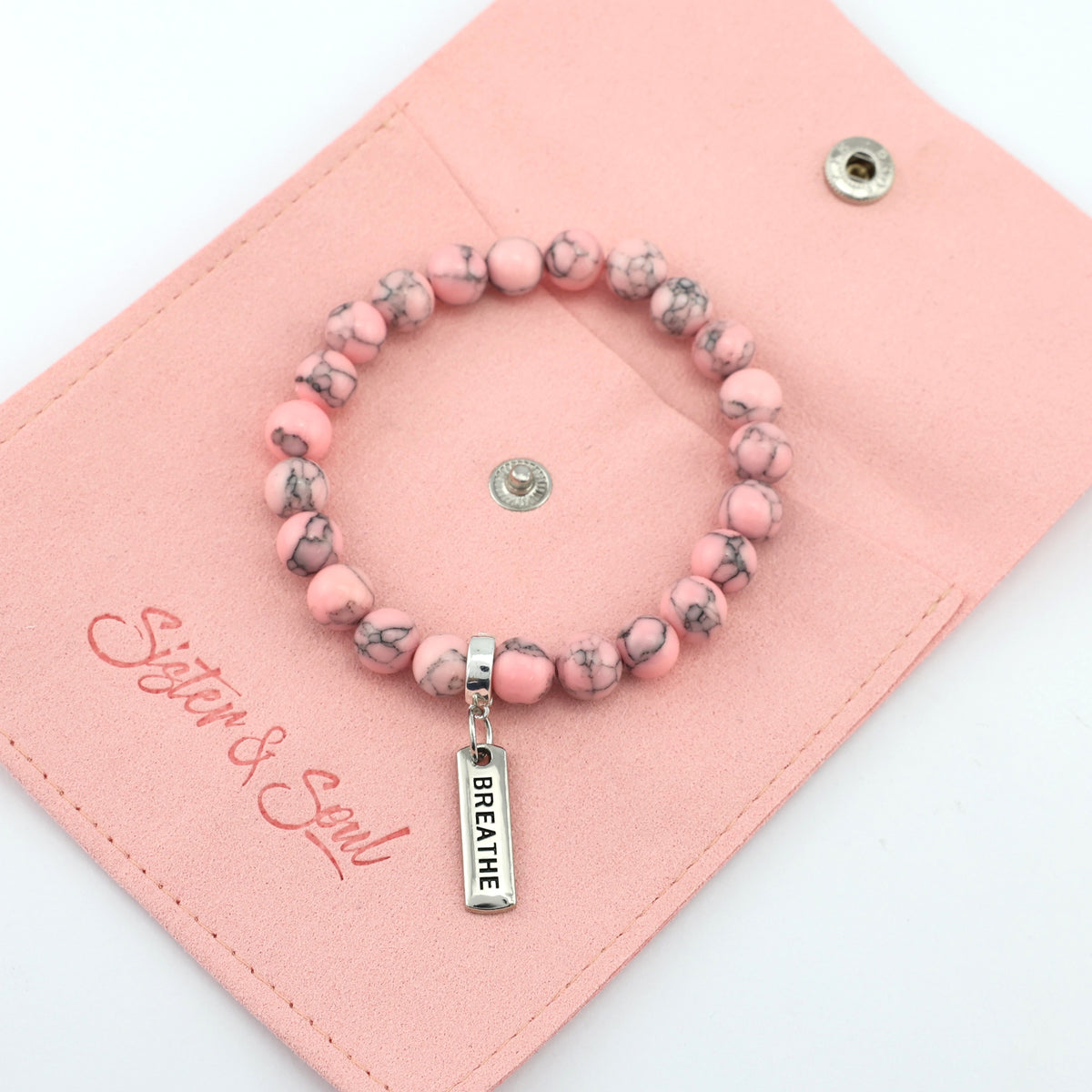 Stone Bracelet - Soft Pink Marbled 8mm Beads - with Silver Word Charm