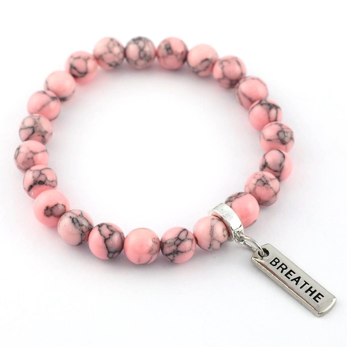 Stone Bracelet - Soft Pink Marbled 8mm Beads - with Silver Word Charm