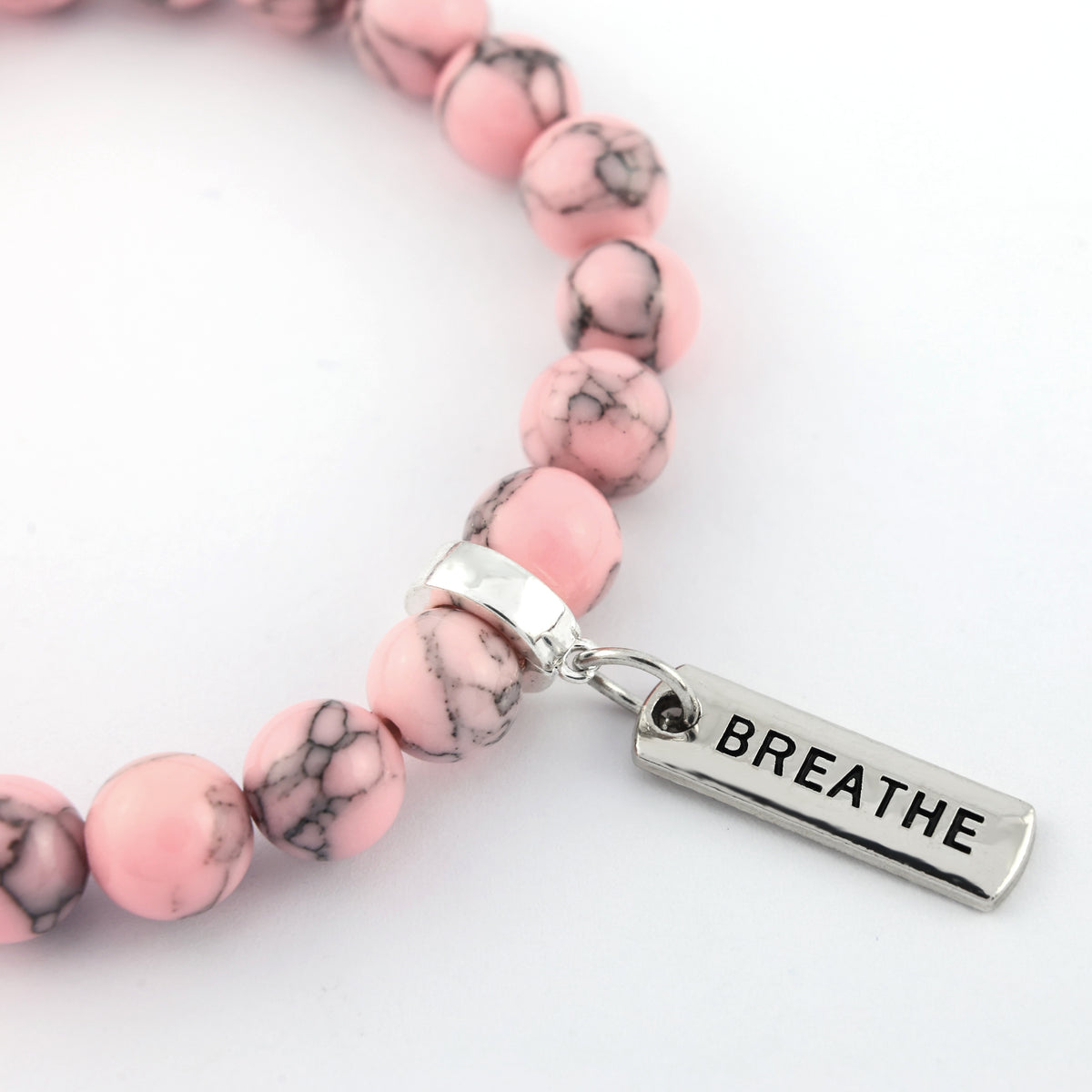 Stone Bracelet - Soft Pink Marbled 8mm Beads - with Silver Word Charm