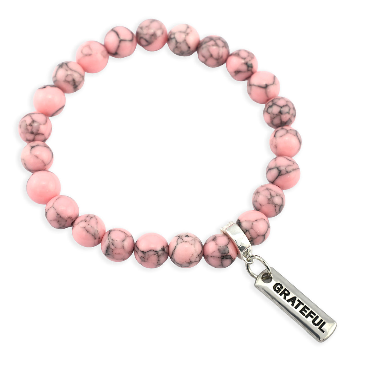 Stone Bracelet - Soft Pink Marbled 8mm Beads - with Silver Word Charm