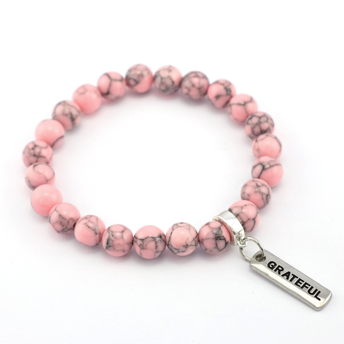 Stone Bracelet - Soft Pink Marbled 8mm Beads - with Silver Word Charm
