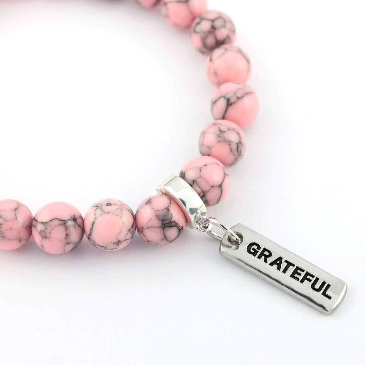 Stone Bracelet - Soft Pink Marbled 8mm Beads - with Silver Word Charm