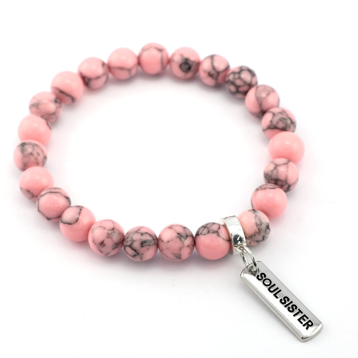 Stone Bracelet - Soft Pink Marbled 8mm Beads - with Silver Word Charm