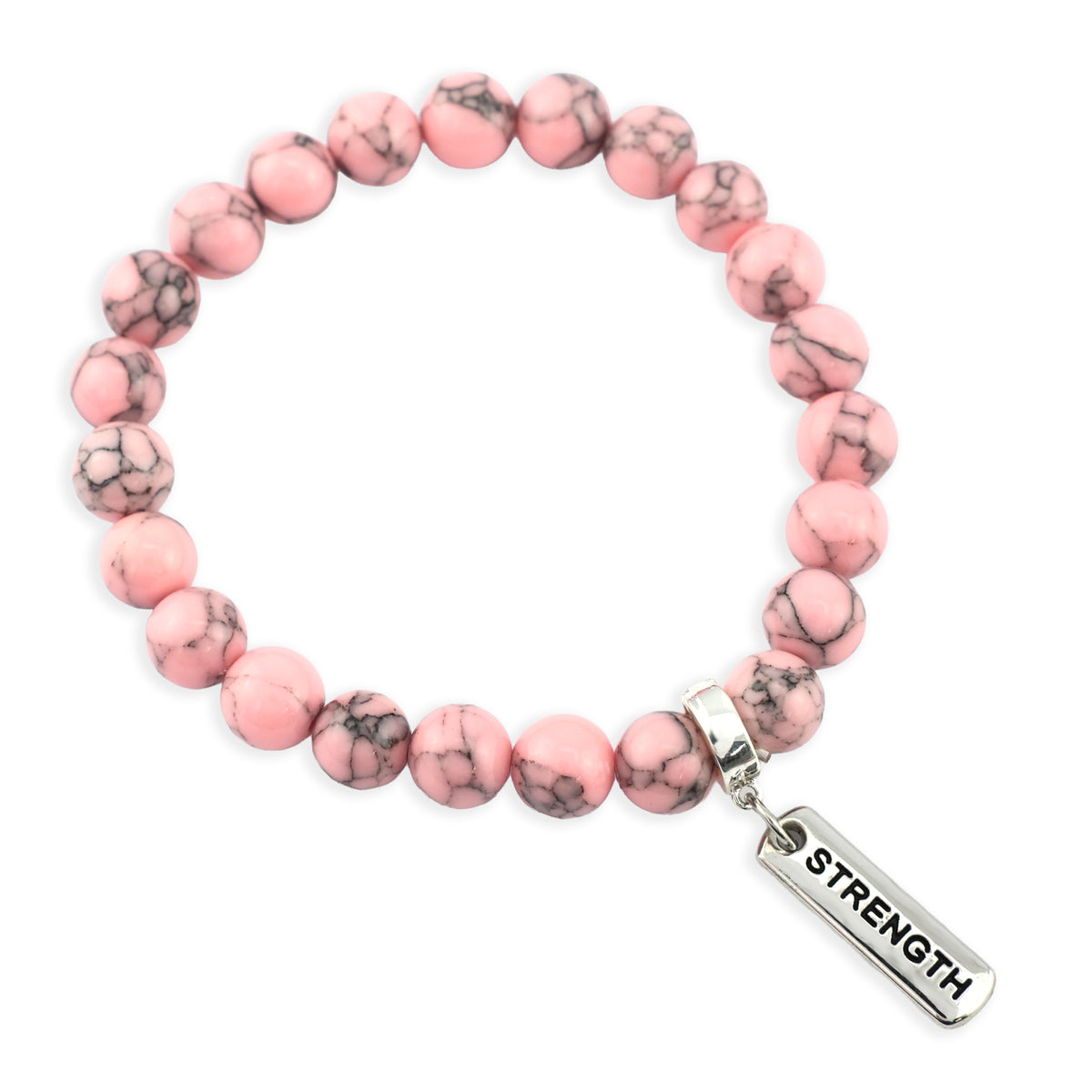 Stone Bracelet - Soft Pink Marbled 8mm Beads - with Silver Word Charm