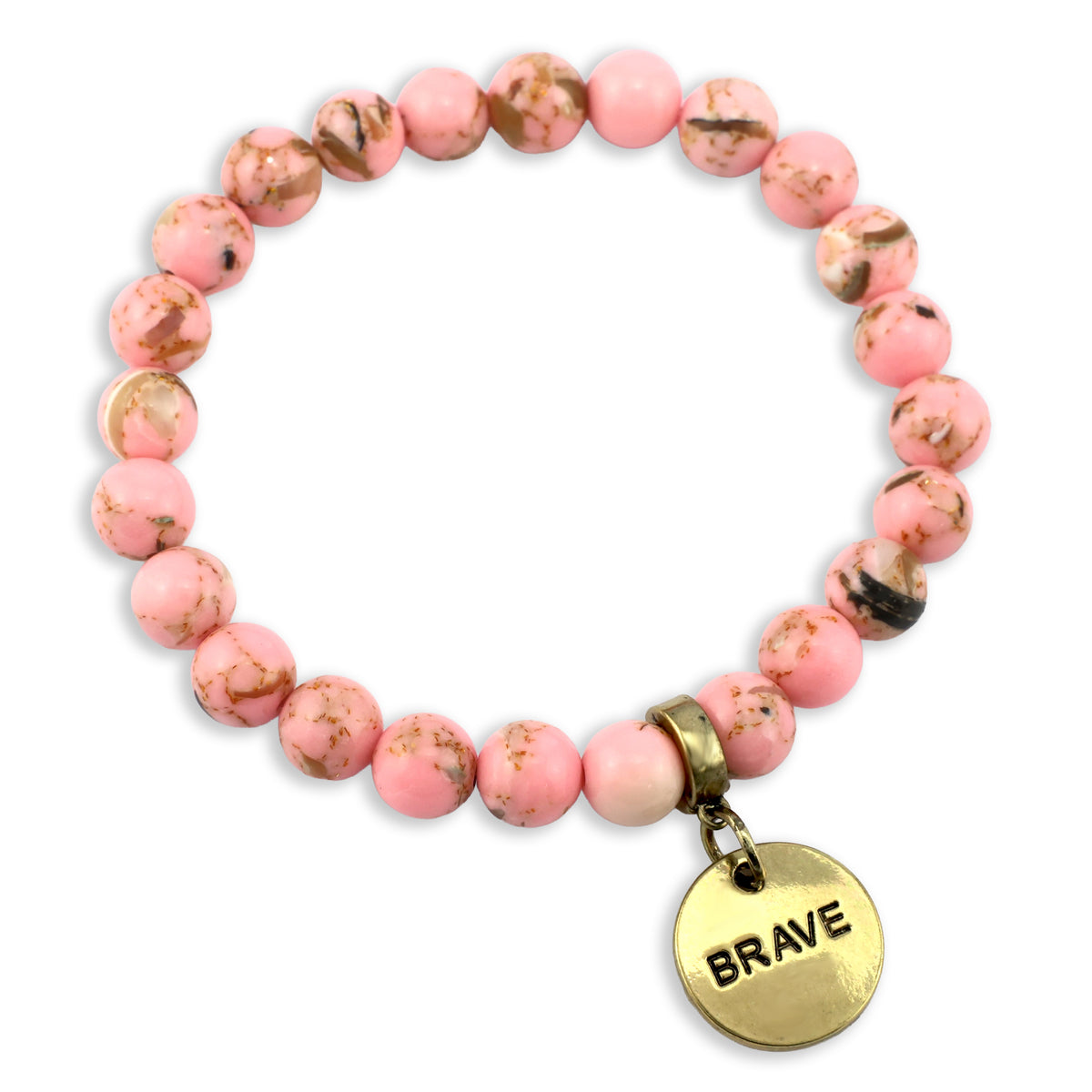 Pink beaded bracelet with a gold 'BRAVE' charm on a white background