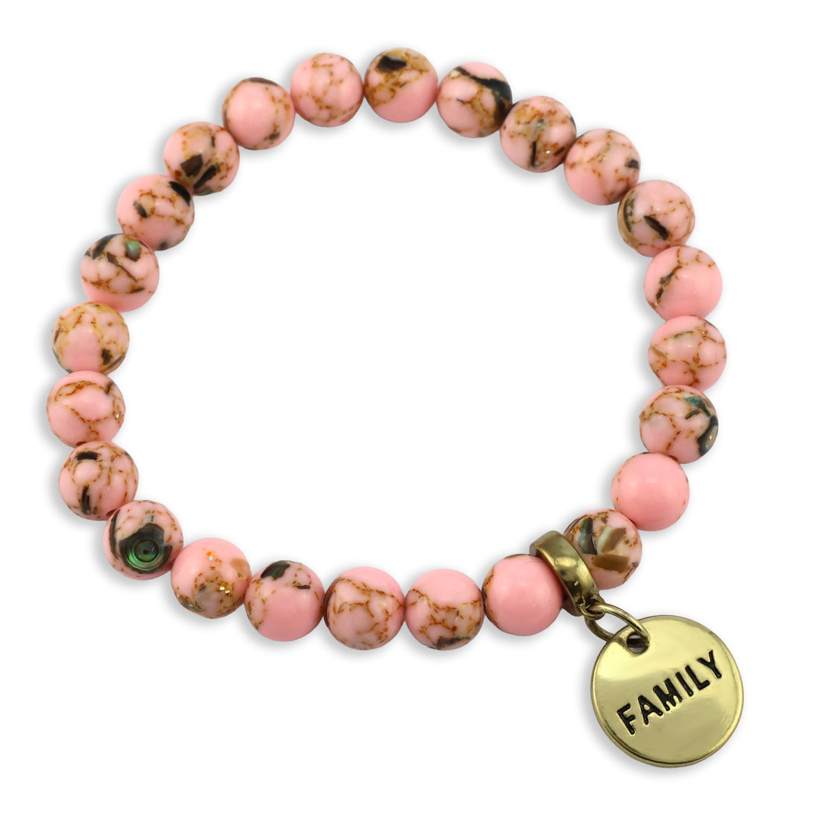 Bracelet with pink beads and a gold 'FAMILY' charm on a white background