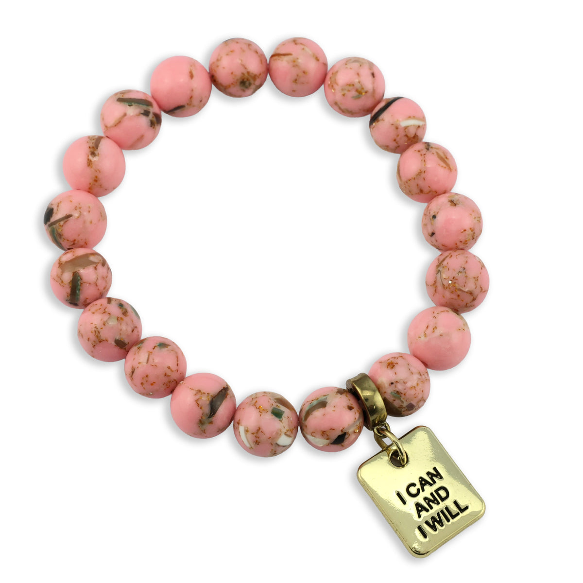 Pink beaded bracelet with a gold 'I Can and I Will' charm on a white background
