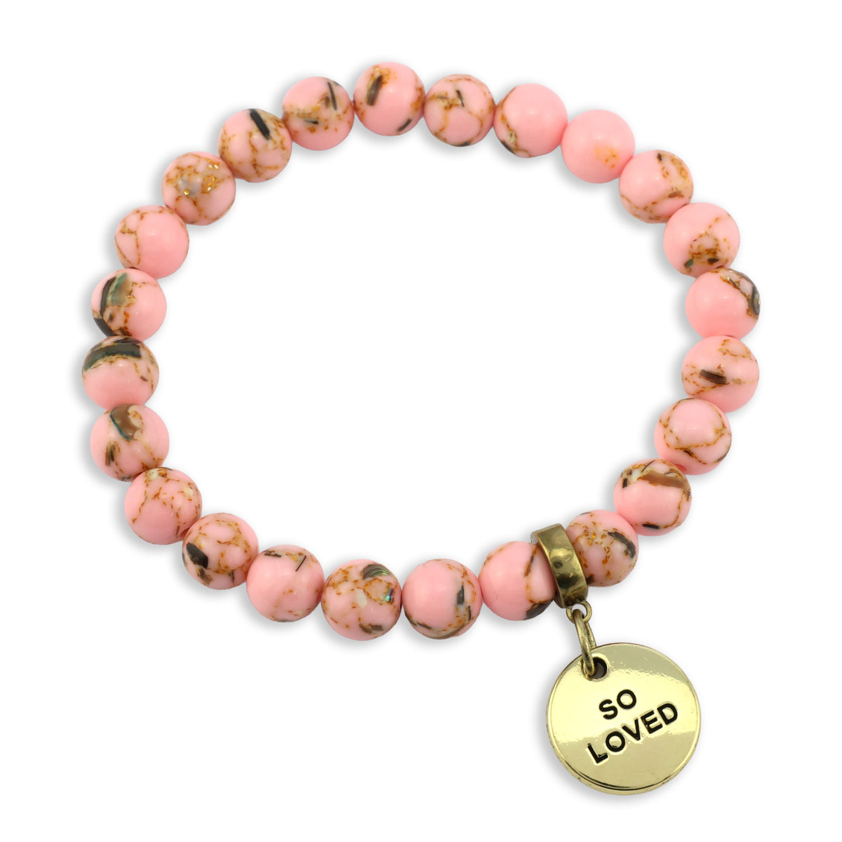 Pink beaded bracelet with a gold 'SO LOVED' charm on a white background