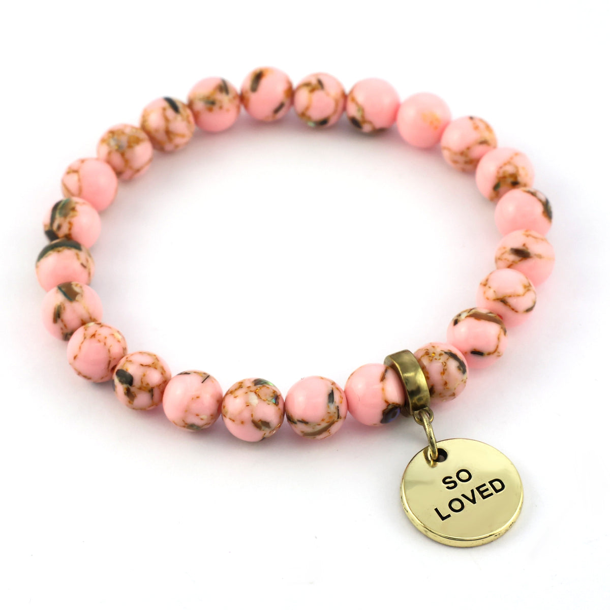 Pink beaded bracelet with a gold 'SO LOVED' charm on a white background