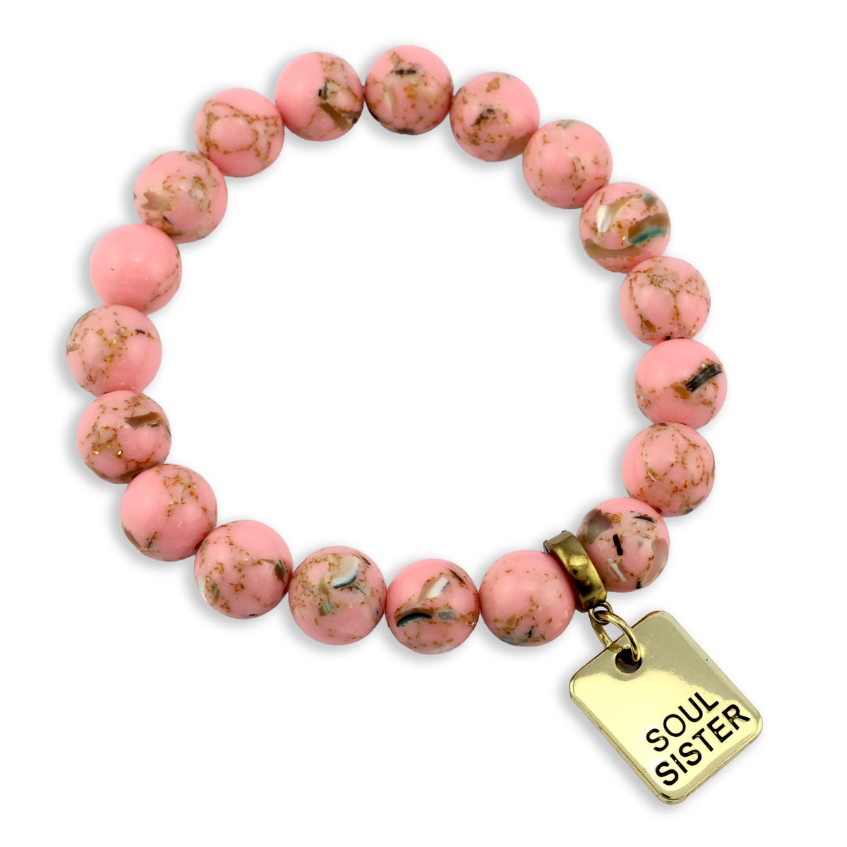 Pink beaded bracelet with a gold 'Soul Sister' tag on a white background