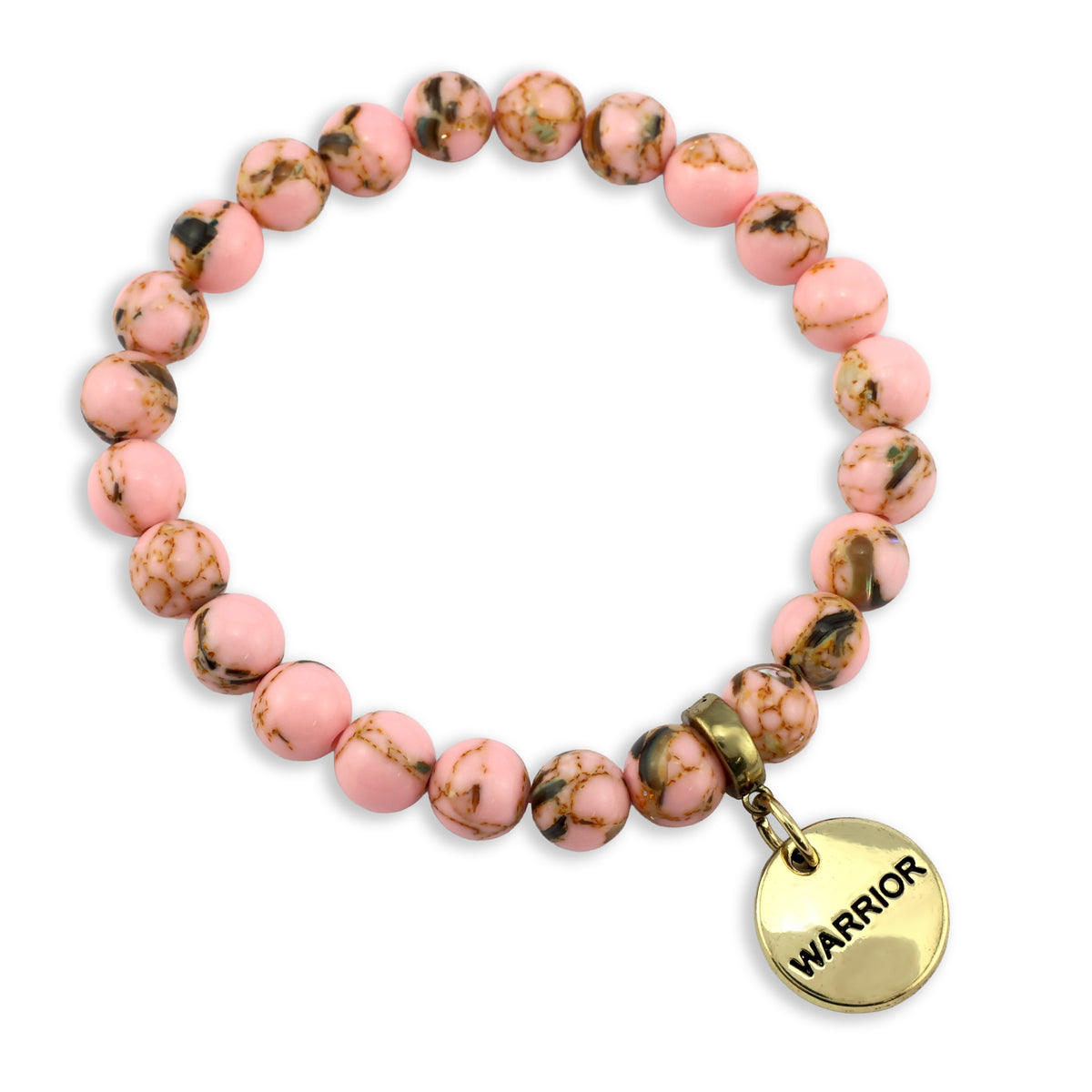 Pink beaded bracelet with a gold 'Warrior' charm on a white background