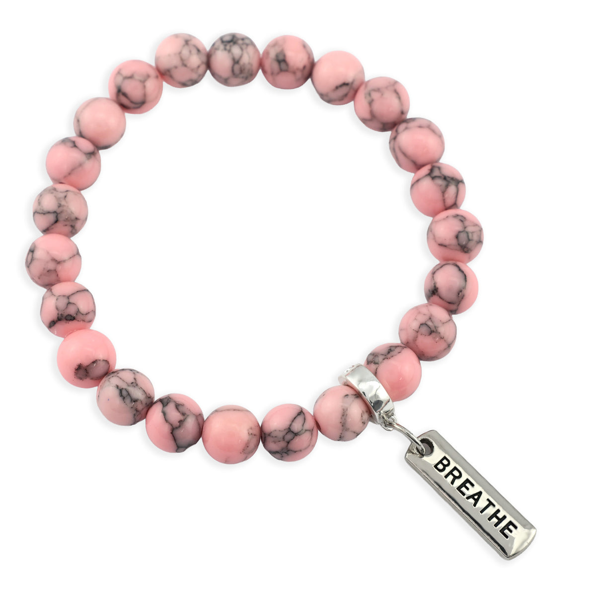 Stone Bracelet - Soft Pink Marbled 8mm Beads - with Silver Word Charm